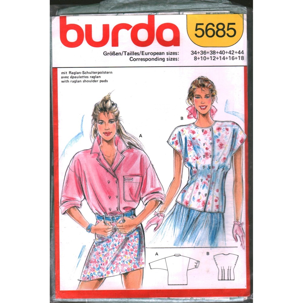 Burda 5685 Sewing Pattern Womens Raglan‎ Shoulder Pad Shirt Blouse Size 8-18 Vtg
